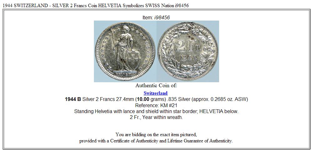 1944 SWITZERLAND - SILVER 2 Francs Coin HELVETIA Symbolizes SWISS Nation i98456