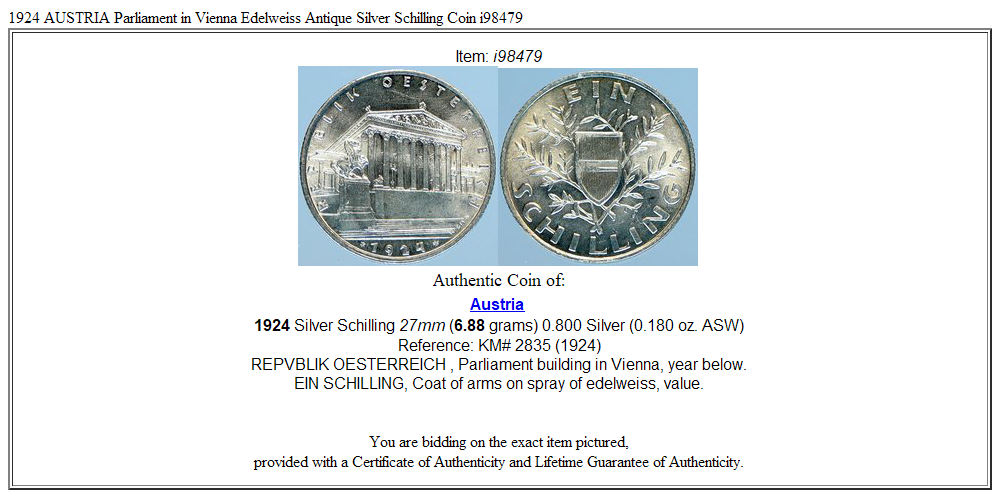 1924 AUSTRIA Parliament in Vienna Edelweiss Antique Silver Schilling Coin i98479