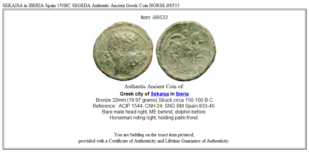 SEKAISA in IBERIA Spain 150BC SEGEDA Authentic Ancient Greek Coin HORSE i98533