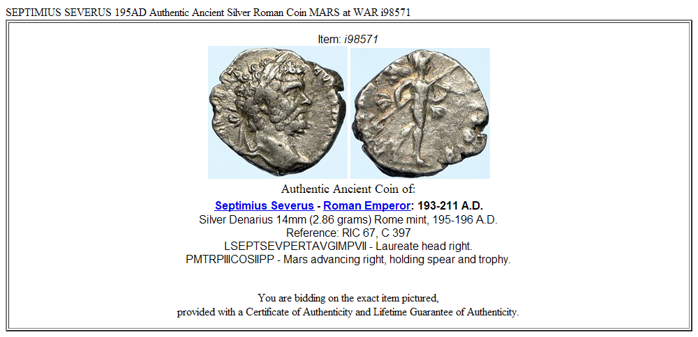 SEPTIMIUS SEVERUS 195AD Authentic Ancient Silver Roman Coin MARS at WAR i98571