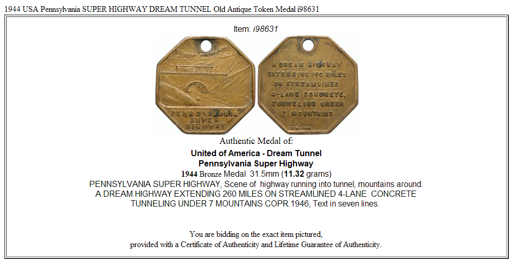 1944 USA Pennsylvania SUPER HIGHWAY DREAM TUNNEL Old Antique Token Medal i98631