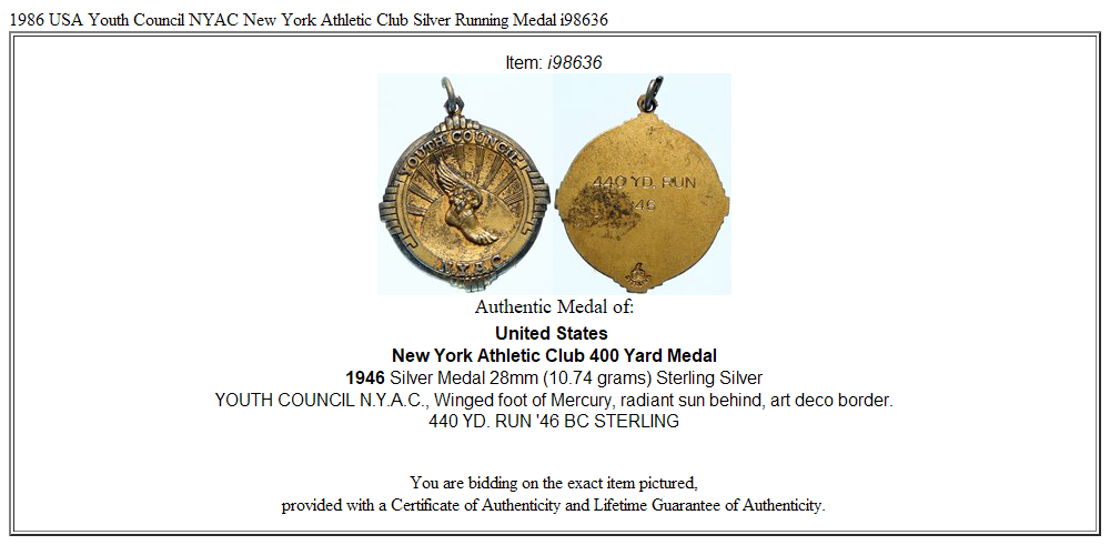 1986 USA Youth Council NYAC New York Athletic Club Silver Running Medal i98636