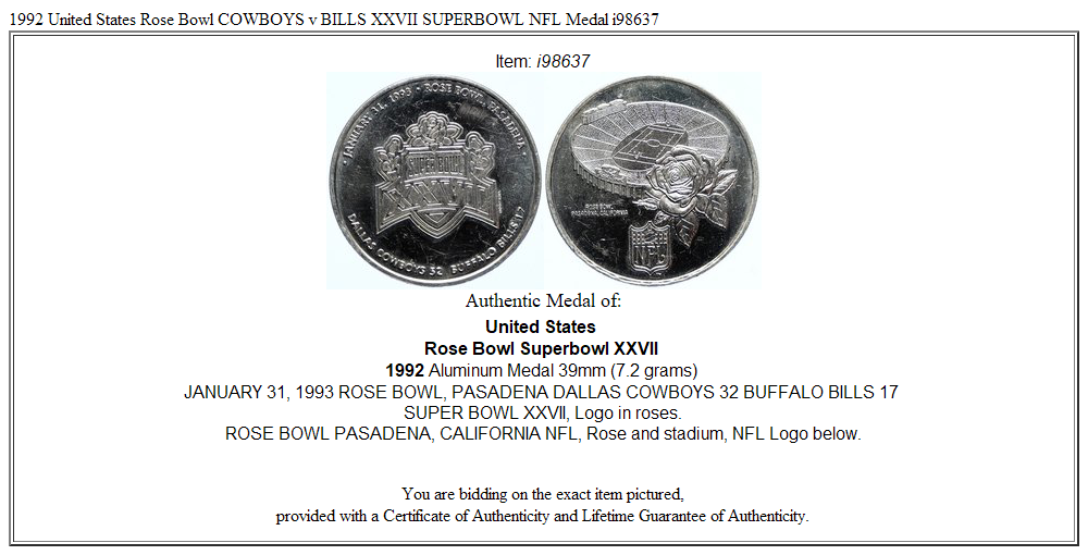 1992 United States Rose Bowl COWBOYS v BILLS XXVII SUPERBOWL NFL Medal i98637