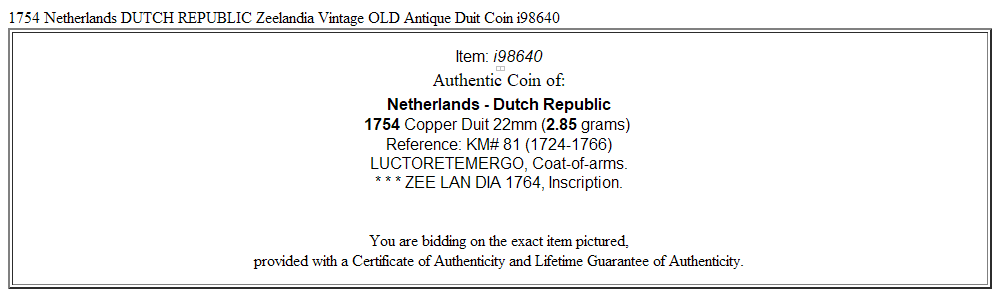 1754 Netherlands DUTCH REPUBLIC Zeelandia Vintage OLD Antique Duit Coin i98640