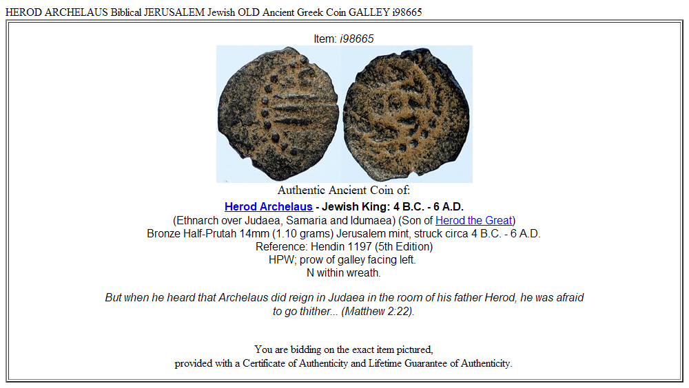 HEROD ARCHELAUS Biblical JERUSALEM Jewish OLD Ancient Greek Coin GALLEY i98665