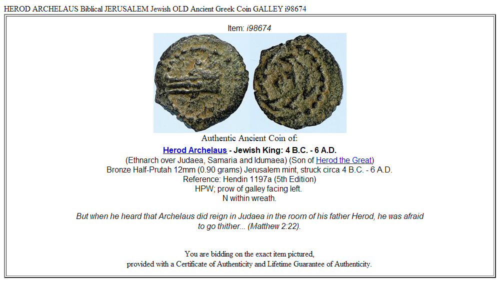 HEROD ARCHELAUS Biblical JERUSALEM Jewish OLD Ancient Greek Coin GALLEY i98674