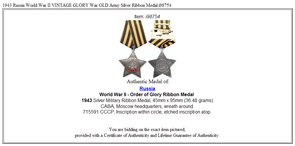 1943 Russia World War II VINTAGE GLORY War OLD Army Silver Ribbon Medal i98754