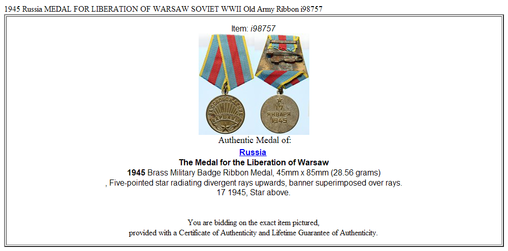 1945 Russia MEDAL FOR LIBERATION OF WARSAW SOVIET WWII Old Army Ribbon i98757