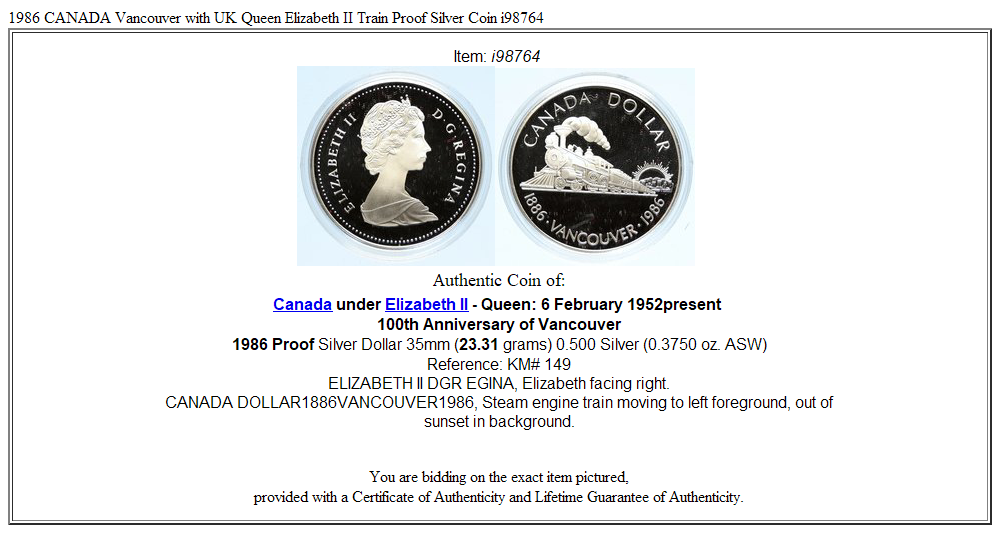 1986 CANADA Vancouver with UK Queen Elizabeth II Train Proof Silver Coin i98764