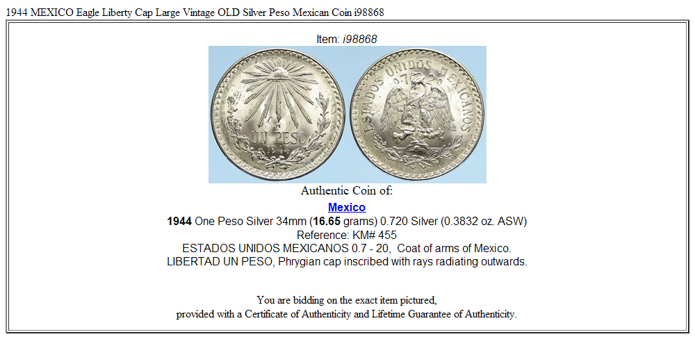 1944 MEXICO Eagle Liberty Cap Large Vintage OLD Silver Peso Mexican Coin i98868