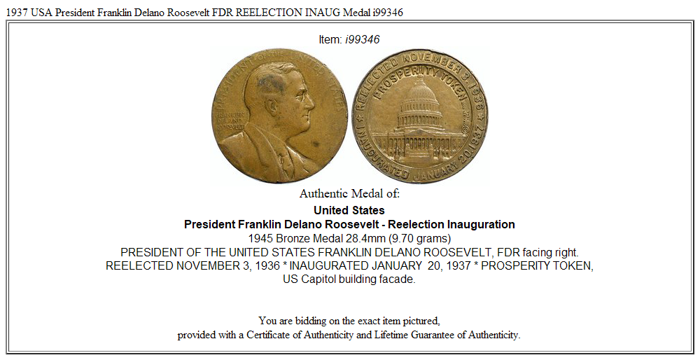 1937 USA President Franklin Delano Roosevelt FDR REELECTION INAUG Medal i99346