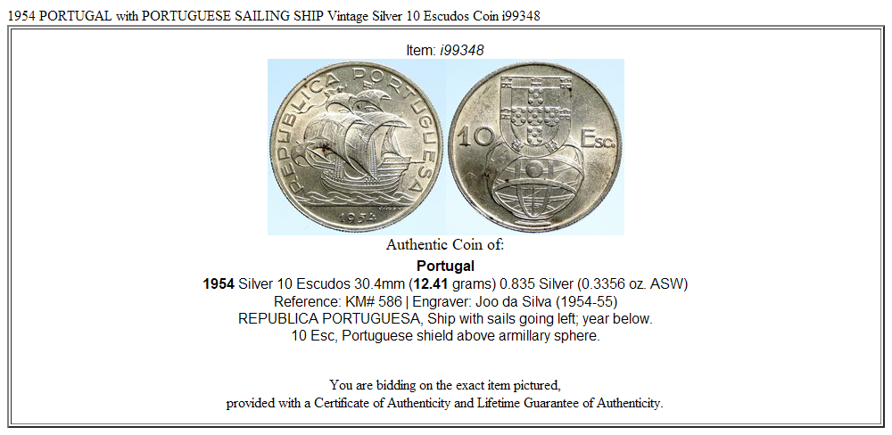 1954 PORTUGAL with PORTUGUESE SAILING SHIP Vintage Silver 10 Escudos Coin i99348