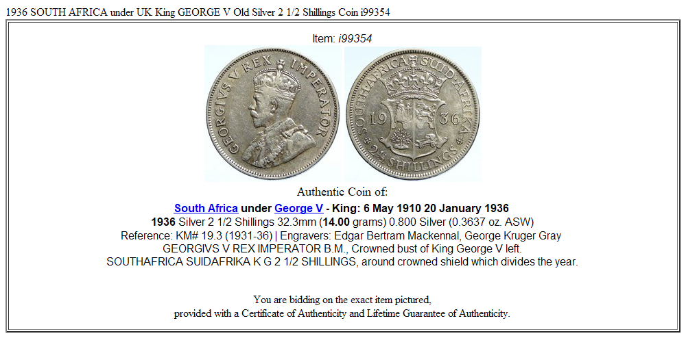 1936 SOUTH AFRICA under UK King GEORGE V Old Silver 2 1/2 Shillings Coin i99354