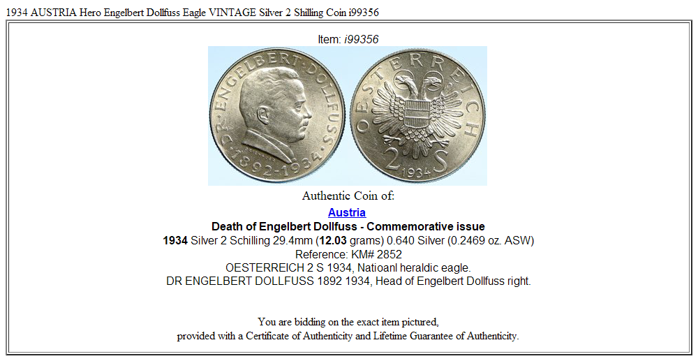 1934 AUSTRIA Hero Engelbert Dollfuss Eagle VINTAGE Silver 2 Shilling Coin i99356