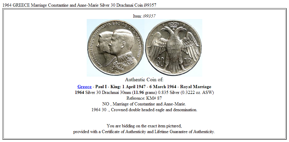 1964 GREECE Marriage Constantine and Anne-Marie Silver 30 Drachmai Coin i99357