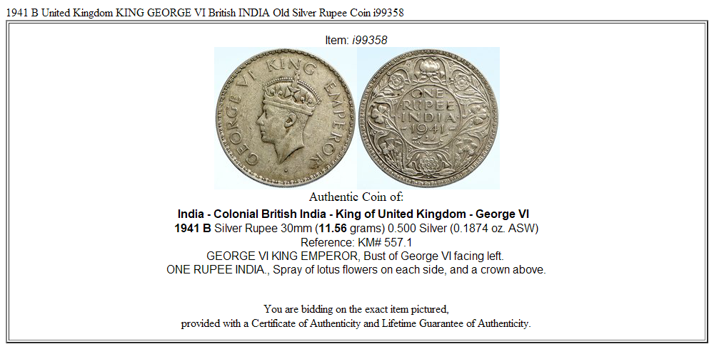 1941 B United Kingdom KING GEORGE VI British INDIA Old Silver Rupee Coin i99358