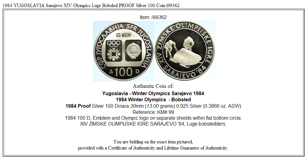 1984 YUGOSLAVIA Sarajevo XIV Olympics Luge Bobsled PROOF Silver 100 Coin i99362