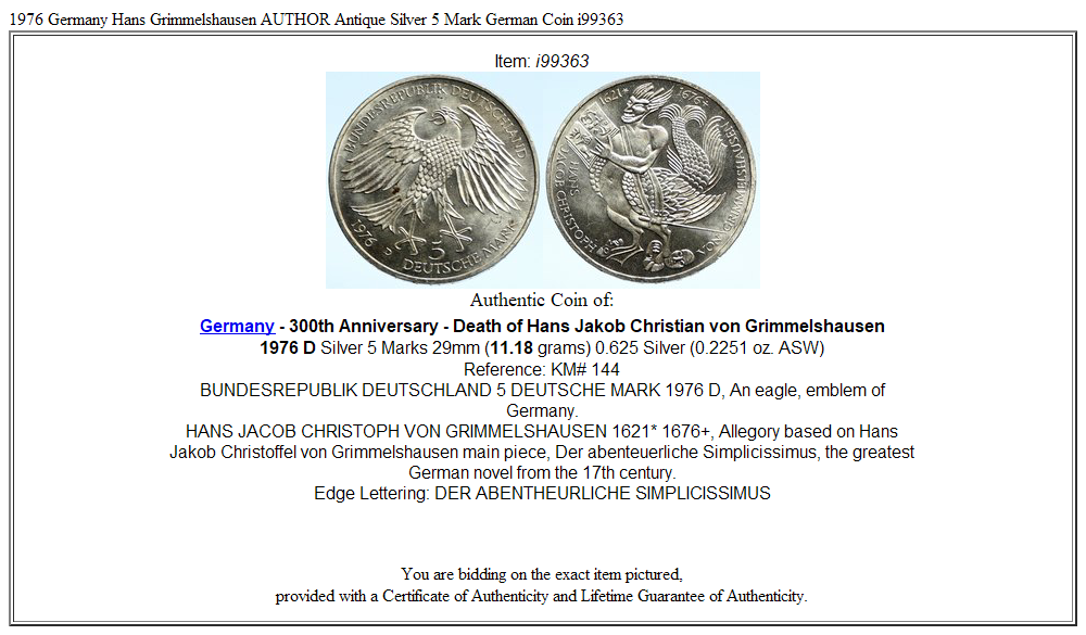 1976 Germany Hans Grimmelshausen AUTHOR Antique Silver 5 Mark German Coin i99363