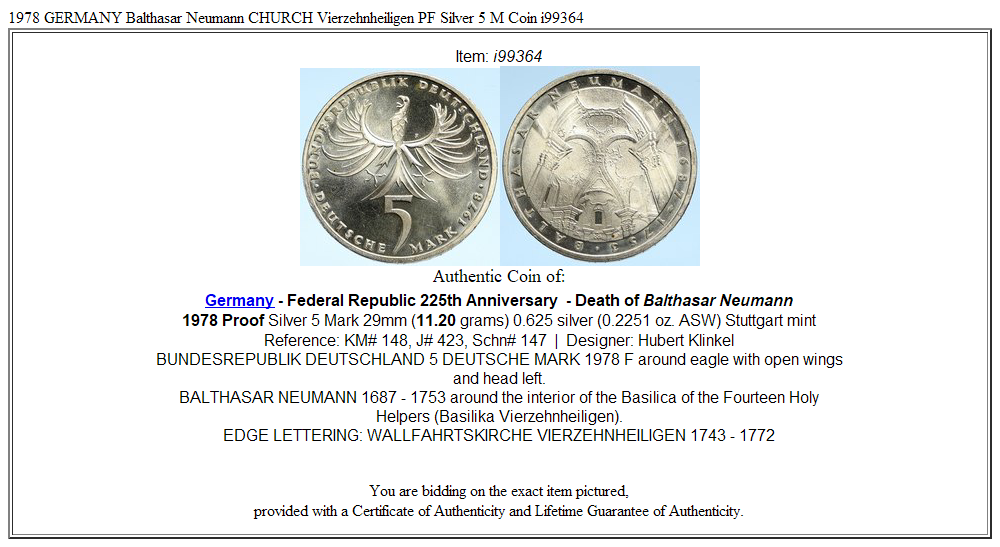 1978 GERMANY Balthasar Neumann CHURCH Vierzehnheiligen PF Silver 5 M Coin i99364