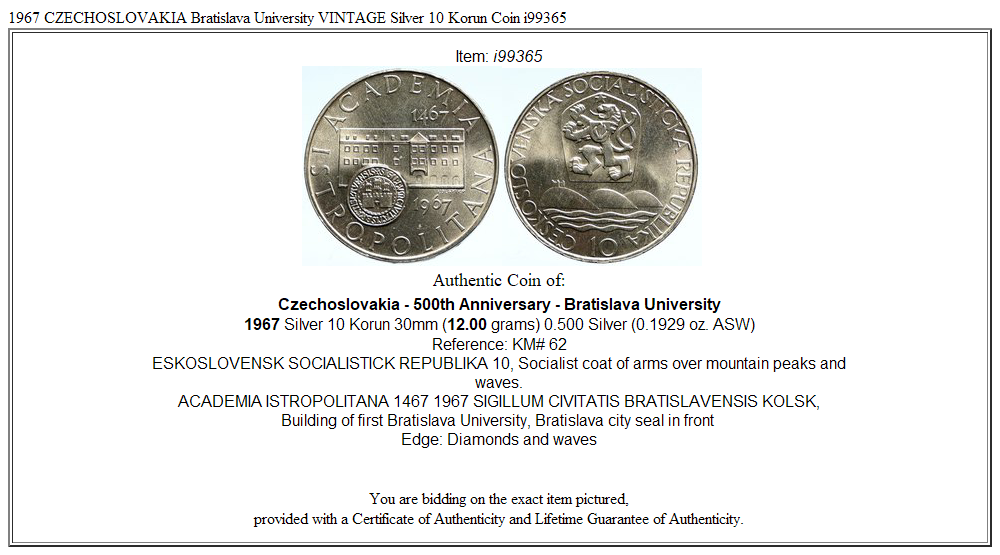 1967 CZECHOSLOVAKIA Bratislava University VINTAGE Silver 10 Korun Coin i99365