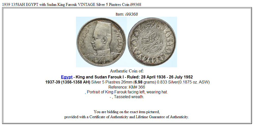 1939 1358AH EGYPT with Sudan King Farouk VINTAGE Silver 5 Piastres Coin i99368