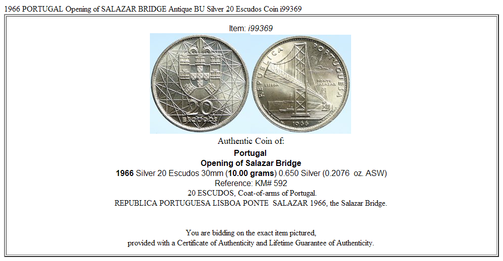 1966 PORTUGAL Opening of SALAZAR BRIDGE Antique BU Silver 20 Escudos Coin i99369