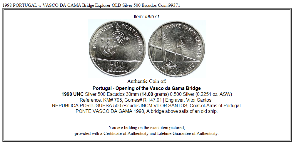 1998 PORTUGAL w VASCO DA GAMA Bridge Explorer OLD Silver 500 Escudos Coin i99371