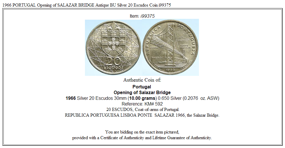 1966 PORTUGAL Opening of SALAZAR BRIDGE Antique BU Silver 20 Escudos Coin i99375