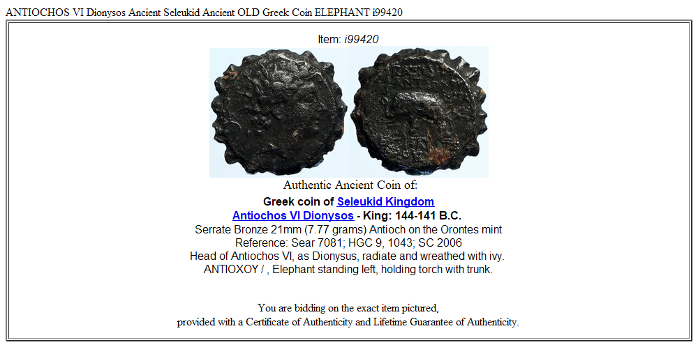 ANTIOCHOS VI Dionysos Ancient Seleukid Ancient OLD Greek Coin ELEPHANT i99420
