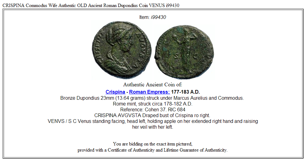 CRISPINA Commodus Wife Authentic OLD Ancient Roman Dupondius Coin VENUS i99430