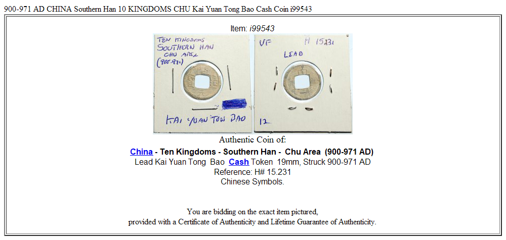 900-971 AD CHINA Southern Han 10 KINGDOMS CHU Kai Yuan Tong Bao Cash Coin i99543