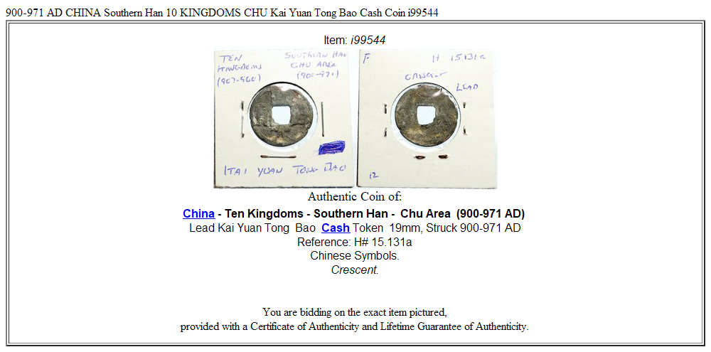 900-971 AD CHINA Southern Han 10 KINGDOMS CHU Kai Yuan Tong Bao Cash Coin i99544