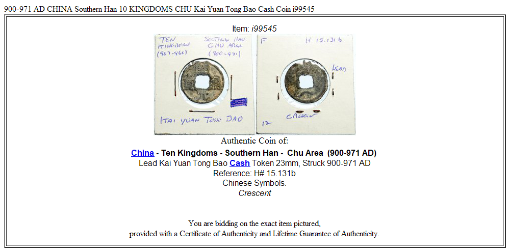 900-971 AD CHINA Southern Han 10 KINGDOMS CHU Kai Yuan Tong Bao Cash Coin i99545