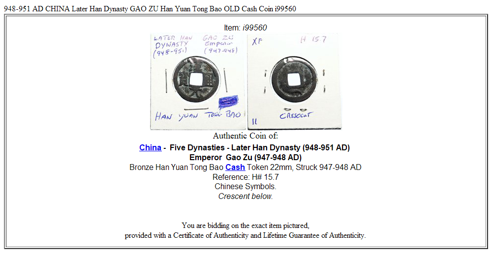 948-951 AD CHINA Later Han Dynasty GAO ZU Han Yuan Tong Bao OLD Cash Coin i99560