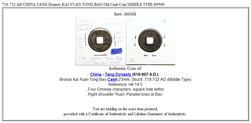 718-732 AD CHINA TANG Dynasty KAI YUAN TONG BAO Old Cash Coin MIDDLE TYPE i99569