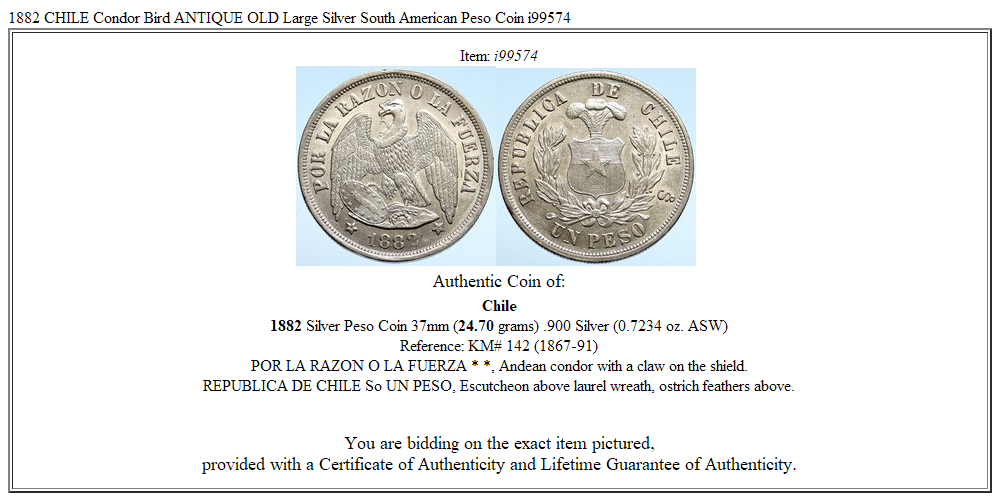 1882 CHILE Condor Bird ANTIQUE OLD Large Silver South American Peso Coin i99574