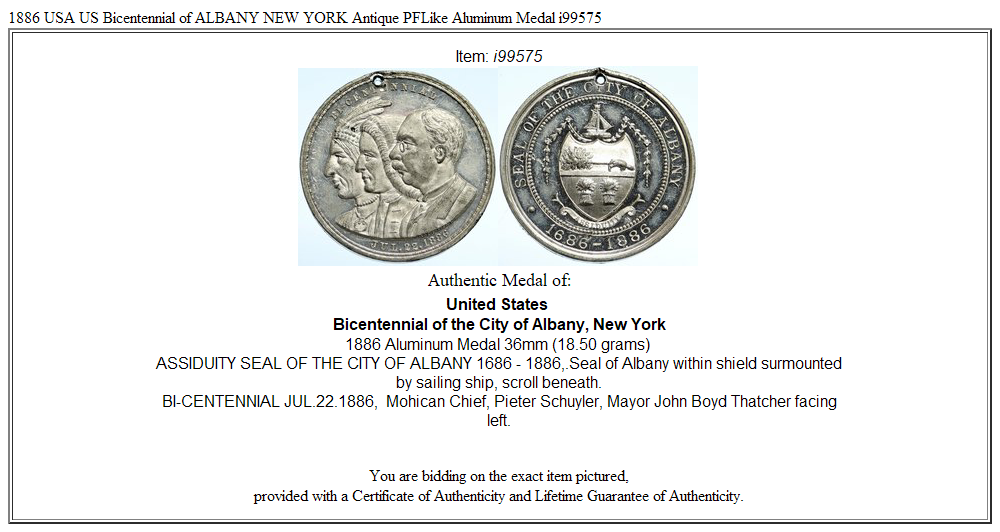 1886 USA US Bicentennial of ALBANY NEW YORK Antique PFLike Aluminum Medal i99575