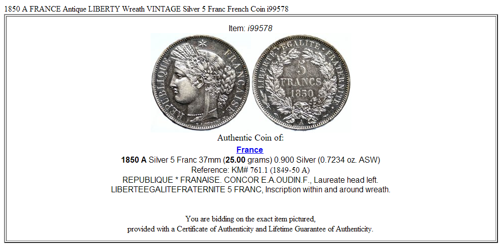 1850 A FRANCE Antique LIBERTY Wreath VINTAGE Silver 5 Franc French Coin i99578