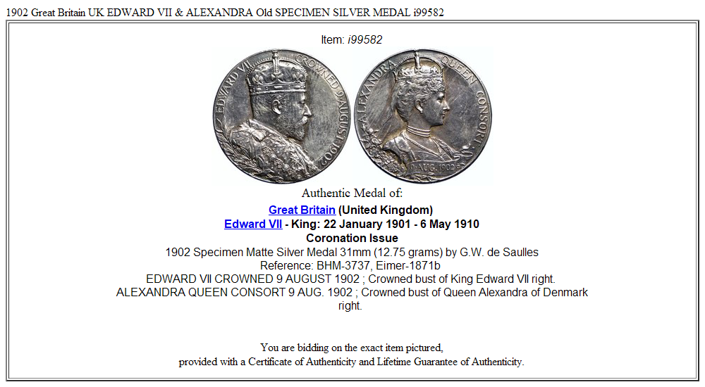 1902 Great Britain UK EDWARD VII & ALEXANDRA Old SPECIMEN SILVER MEDAL i99582