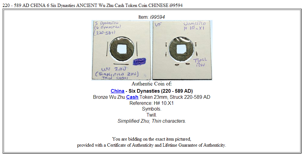 220 - 589 AD CHINA 6 Six Dynasties ANCIENT Wu Zhu Cash Token Coin CHINESE i99594