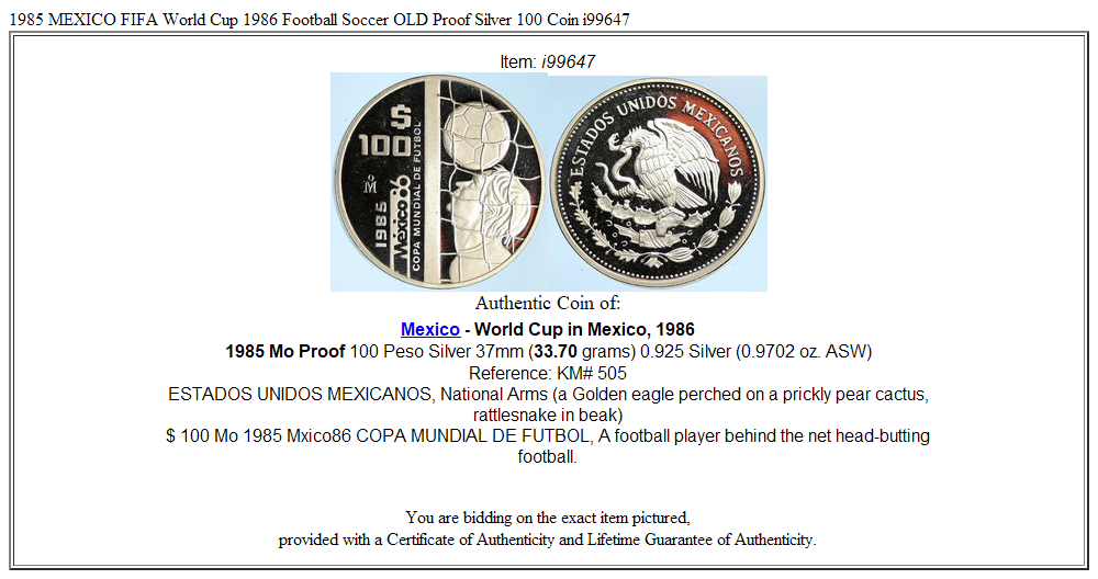 1985 MEXICO FIFA World Cup 1986 Football Soccer OLD Proof Silver 100 Coin i99647