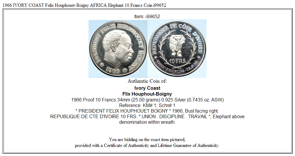 1966 IVORY COAST Felix Houphouet-Boigny AFRICA Elephant 10 Francs Coin i99652