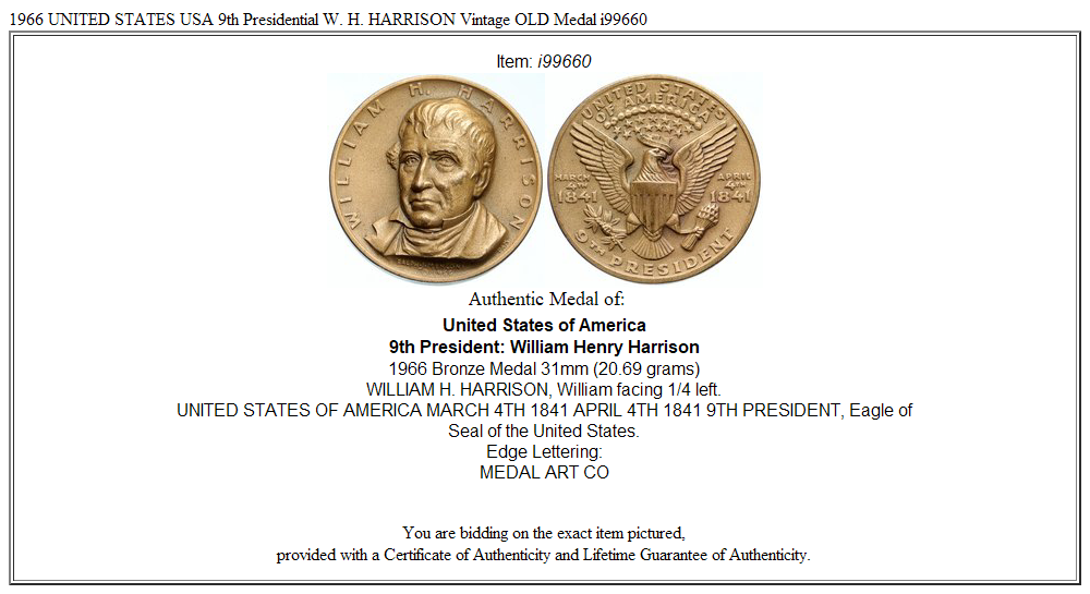 1966 UNITED STATES USA 9th Presidential W. H. HARRISON Vintage OLD Medal i99660