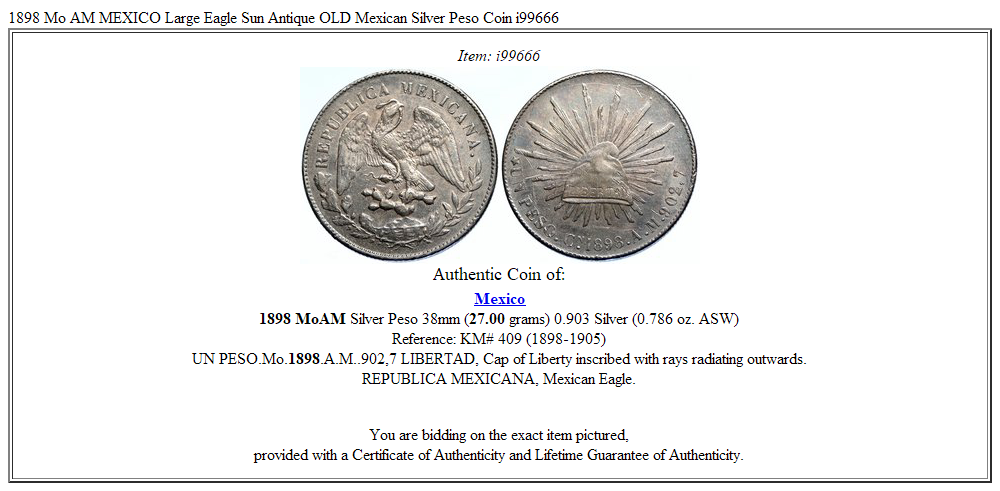 1898 Mo AM MEXICO Large Eagle Sun Antique OLD Mexican Silver Peso Coin i99666