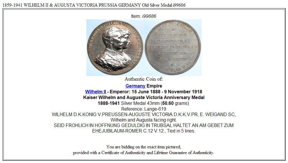 1859-1941 WILHELM II & AUGUSTA VICTORIA PRUSSIA GERMANY Old Silver Medal i99686