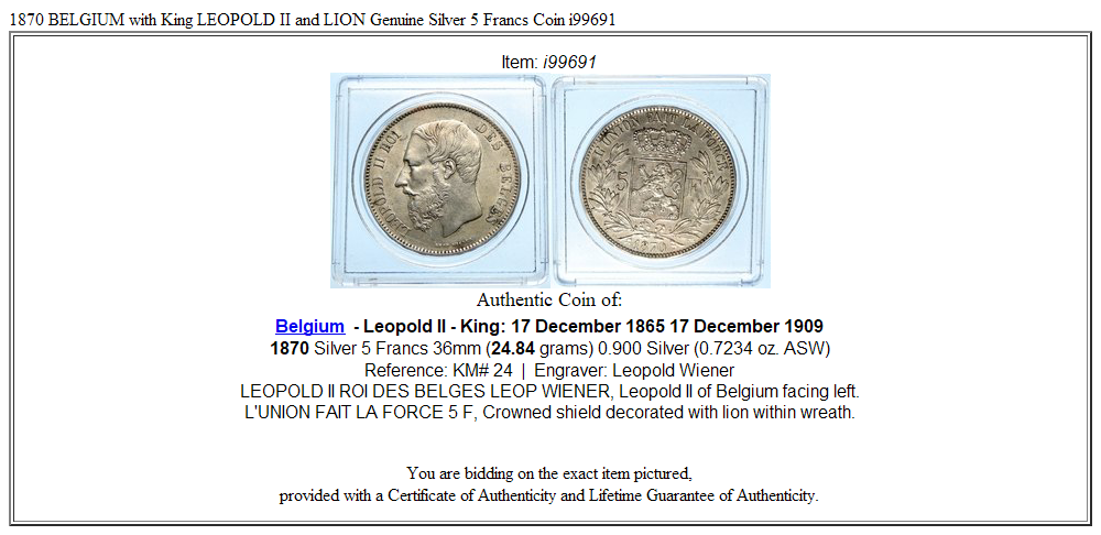 1870 BELGIUM with King LEOPOLD II and LION Genuine Silver 5 Francs Coin i99691