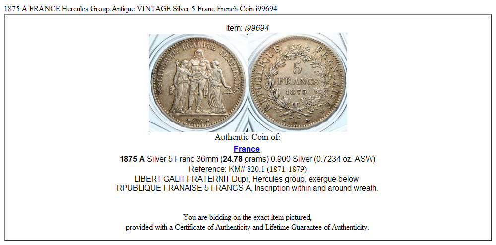 1875 A FRANCE Hercules Group Antique VINTAGE Silver 5 Franc French Coin i99694