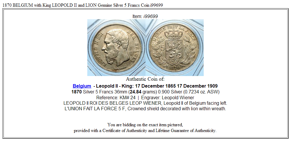 1870 BELGIUM with King LEOPOLD II and LION Genuine Silver 5 Francs Coin i99699