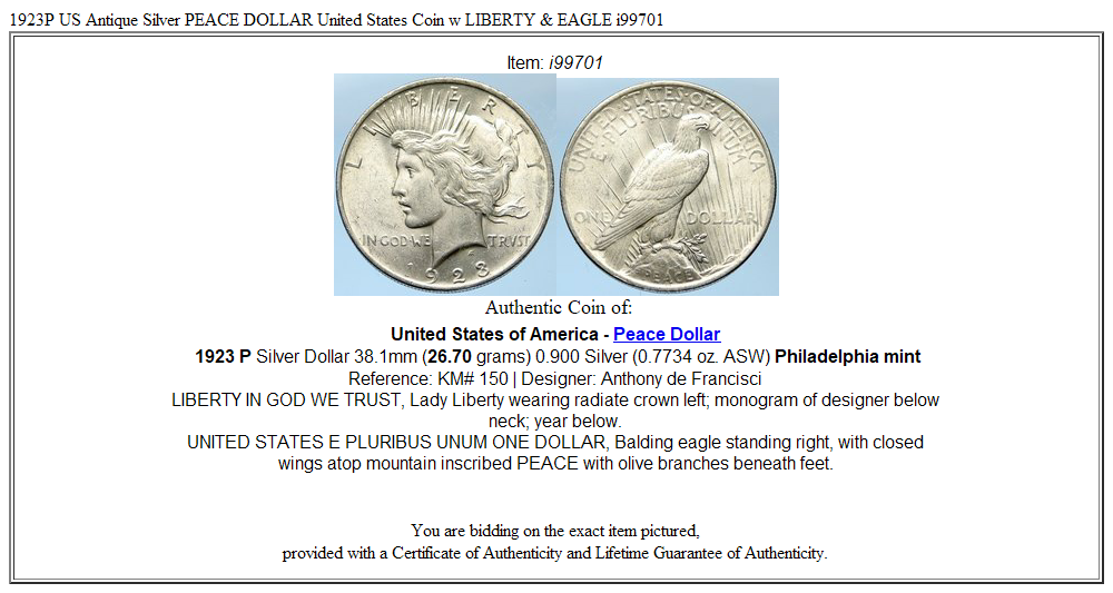 1923P US Antique Silver PEACE DOLLAR United States Coin w LIBERTY & EAGLE i99701