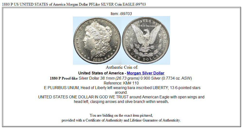 1880 P US UNITED STATES of America Morgan Dollar PFLike SILVER Coin EAGLE i99703